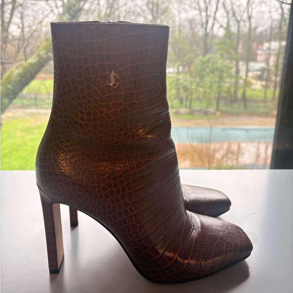 Jimmy Choo Camel Croc-Embossed High Heel Ankle Boots - Picture 2 of 9